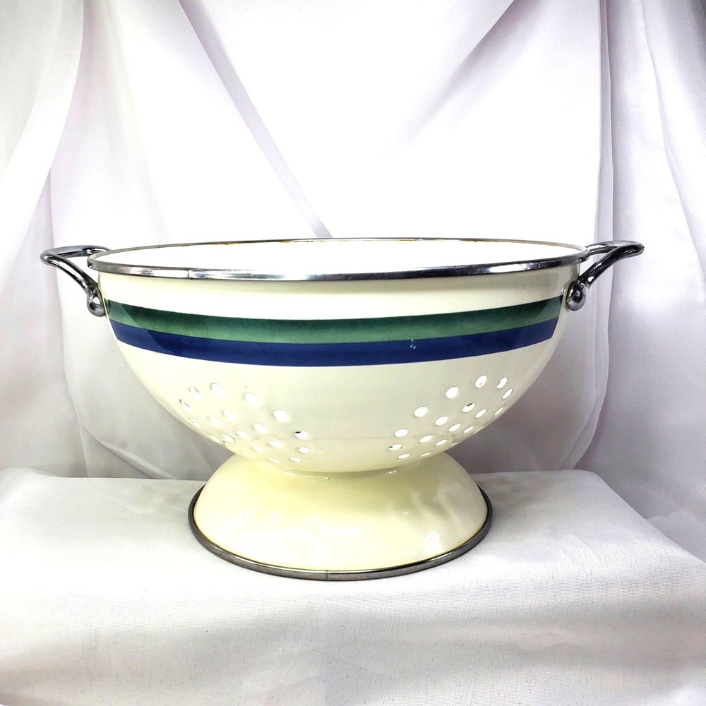 Vintage Pfaltzgraff Metal Enamel Colander Strainer Striped 9" Diameter Retro